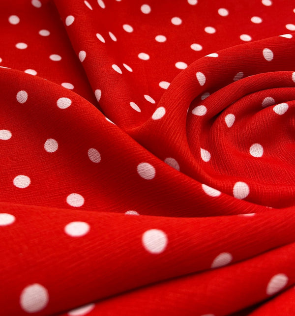 Red White Polka Spot Lightweight Crepe Non Stretch Fabric