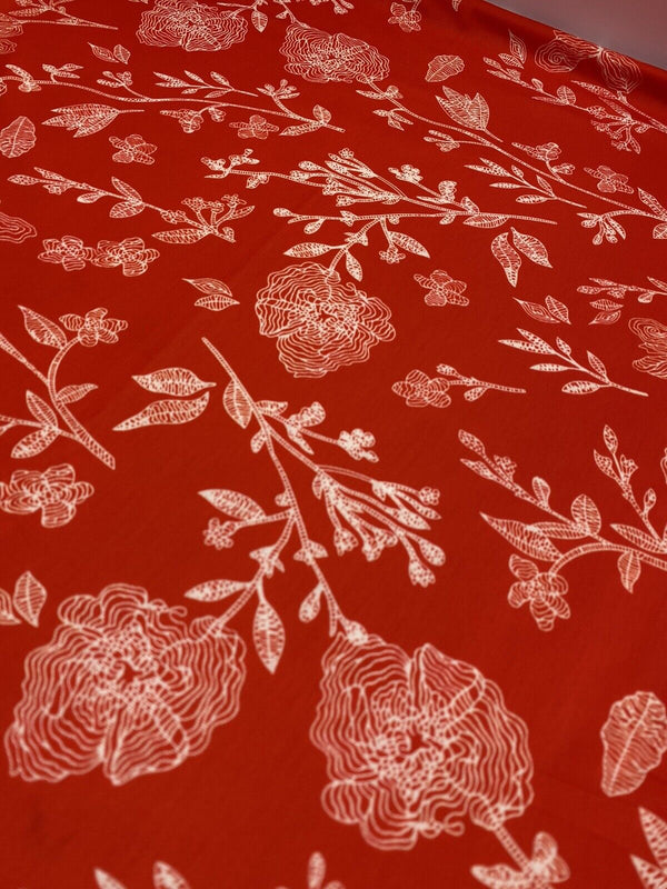 Red & White Sketch Floral Print Spun Poly Stretch Fabric