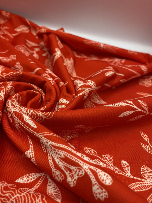 Red & White Sketch Floral Print Spun Poly Stretch Fabric