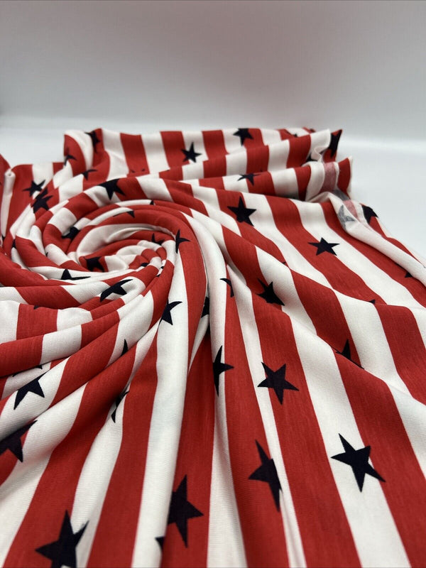 Red & White Star Horizontal Stripe Print Viscose Elastane Fabric