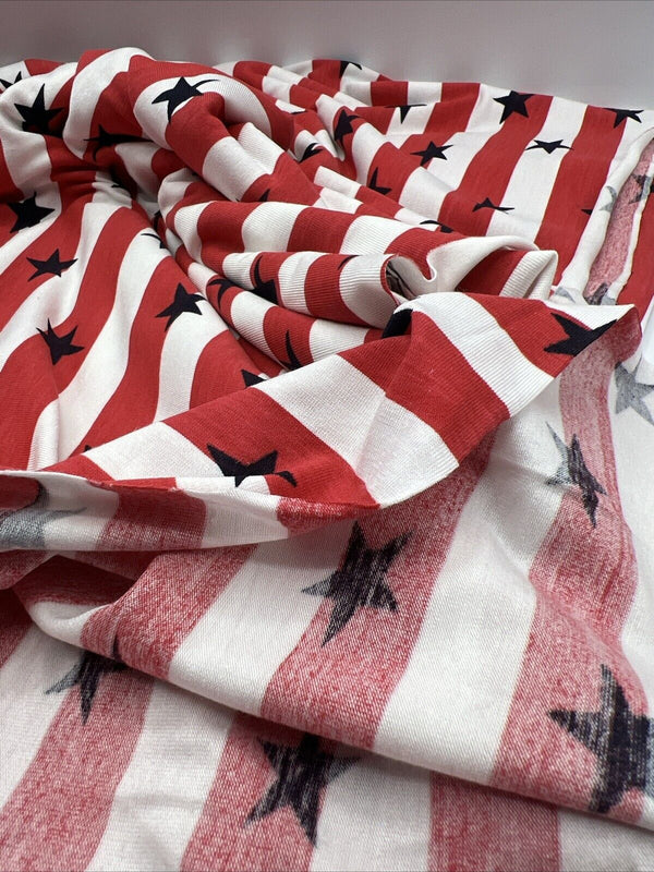 Red & White Star Horizontal Stripe Print Viscose Elastane Fabric