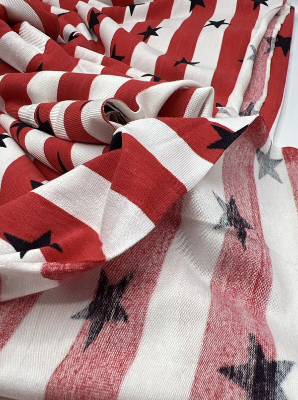 Red & White Star Horizontal Stripe Print Viscose Elastane Fabric