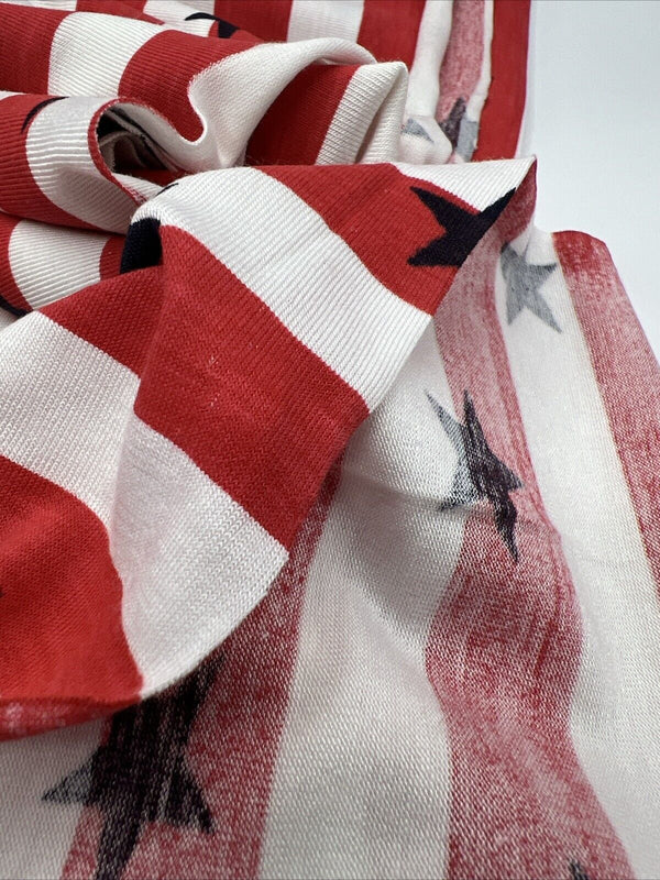 Red & White Star Horizontal Stripe Print Viscose Elastane Fabric