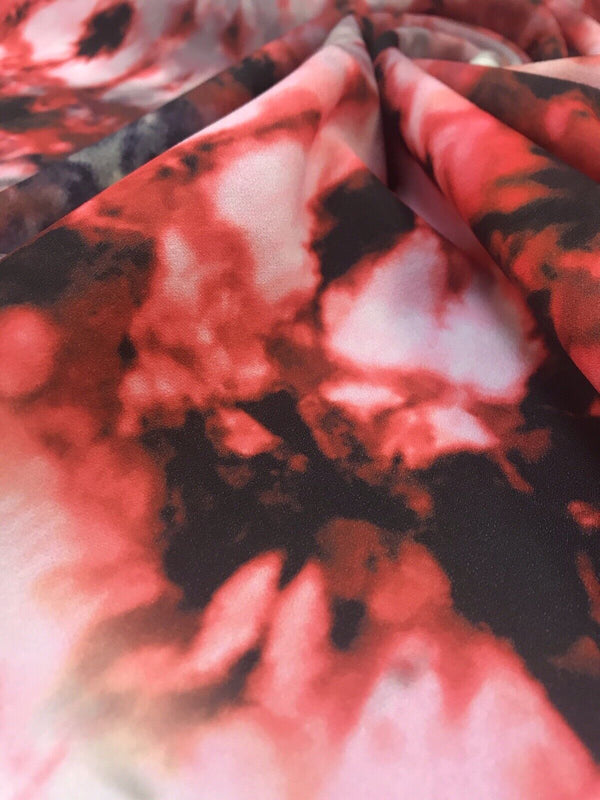 Red Black White Tie Dye Printed Scuba Crepe Jersey Fabric 4 Way Stretch