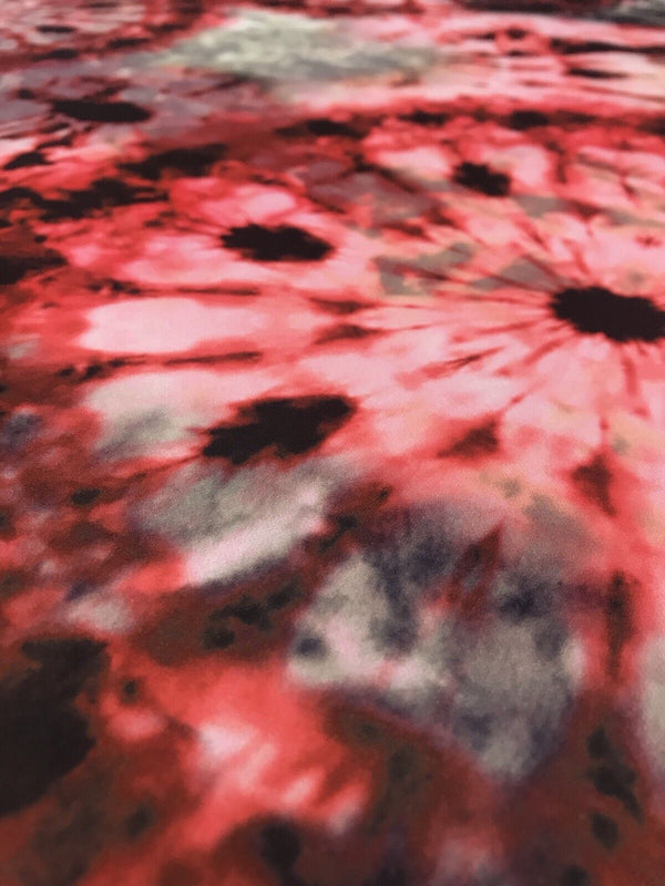 Red Black White Tie Dye Printed Scuba Crepe Jersey Fabric 4 Way Stretch