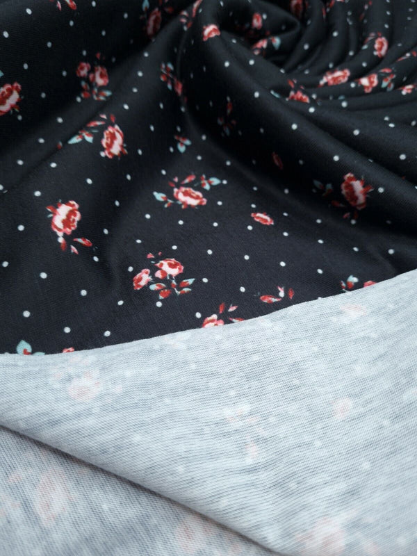 Rose Polka Dot Print Spun Poly Stretch Fabric