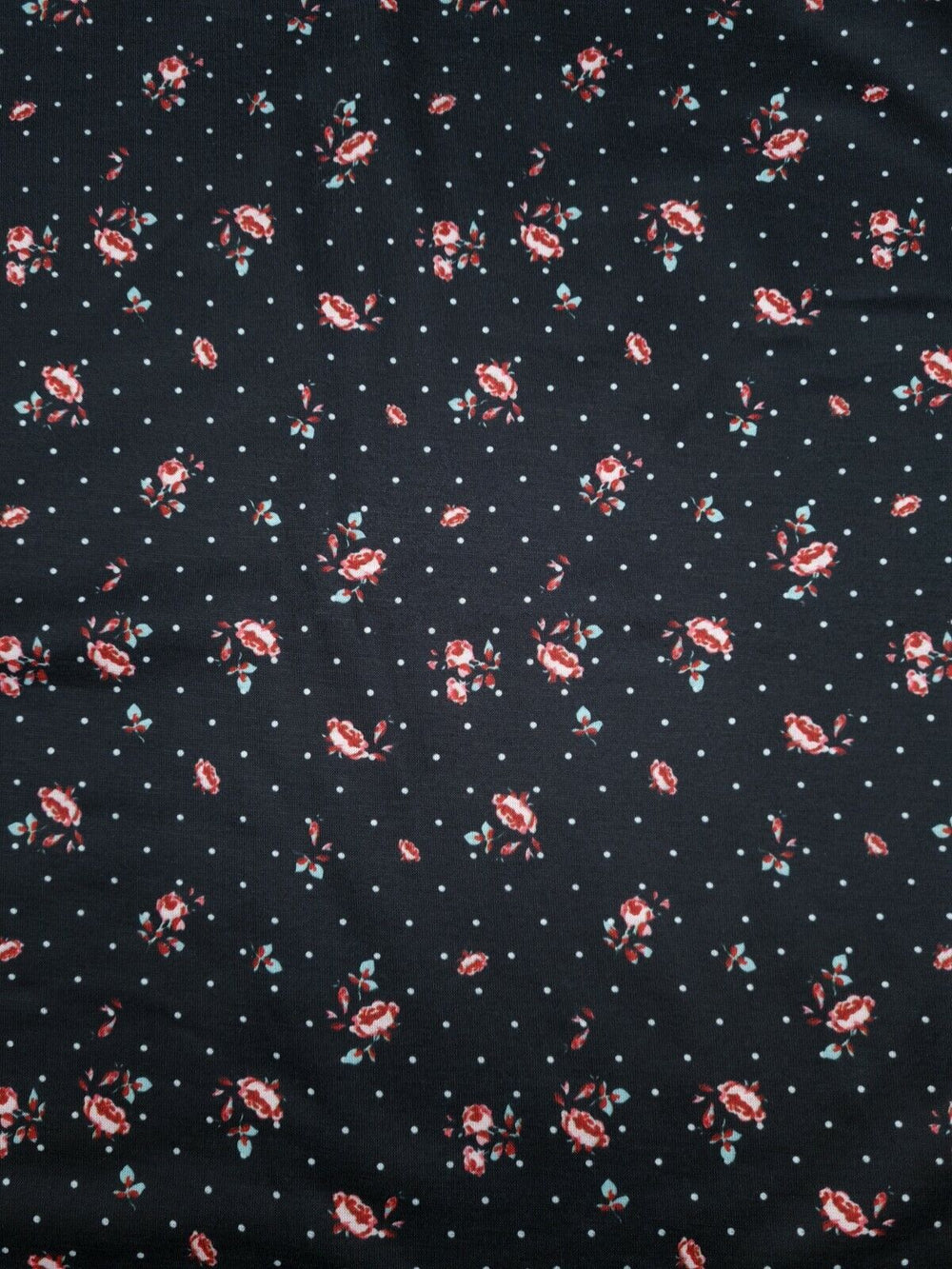 Rose Polka Dot Print Spun Poly Stretch Fabric