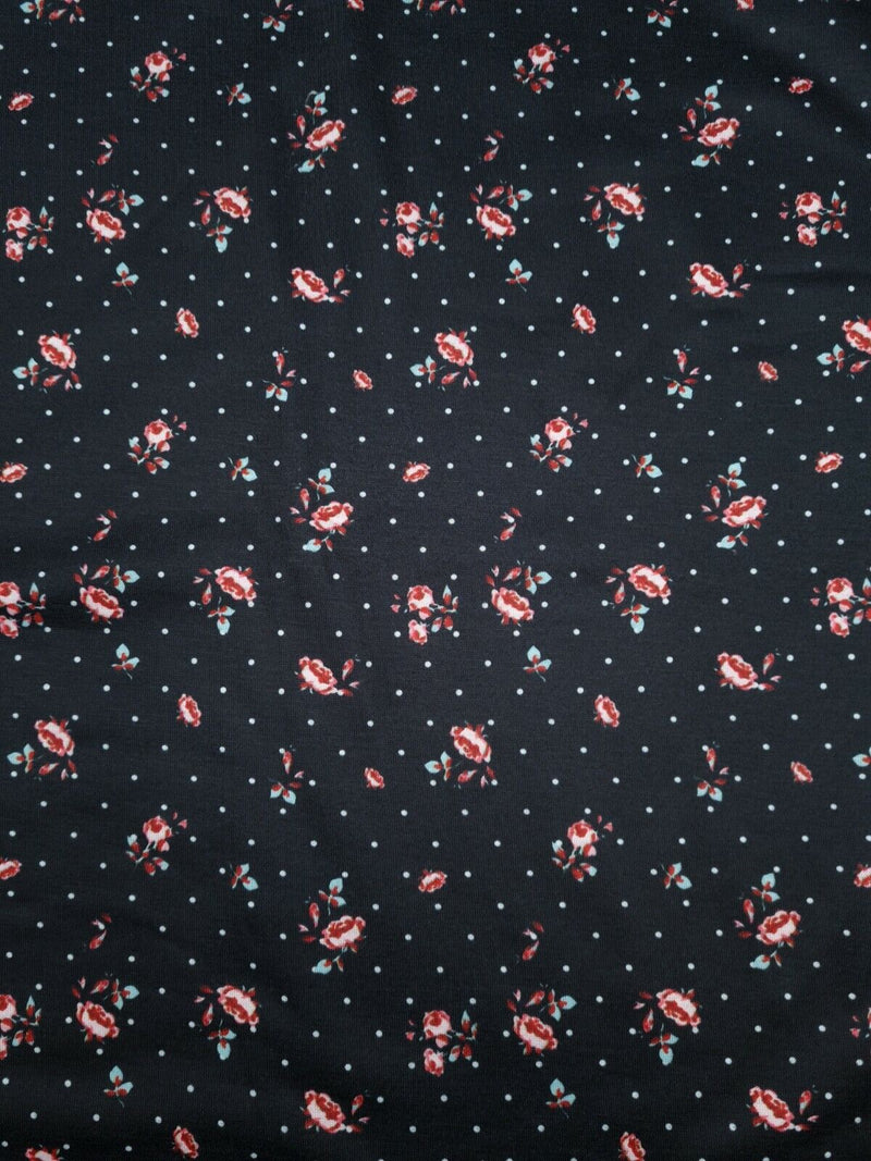 Rose Polka Dot Print Spun Poly Stretch Fabric