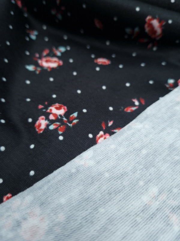 Rose Polka Dot Print Spun Poly Stretch Fabric