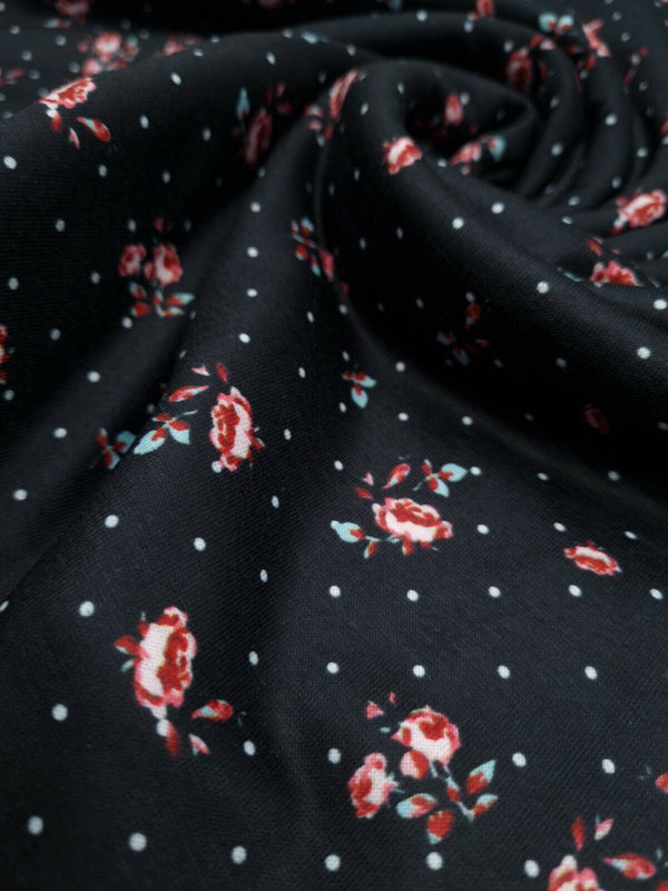 Rose Polka Dot Print Spun Poly Stretch Fabric
