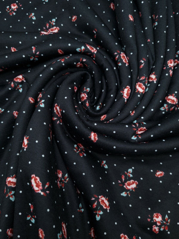 Rose Polka Dot Print Spun Poly Stretch Fabric