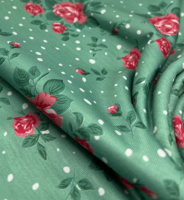 Sage Rose Print Spun Poly Stretch Fabric