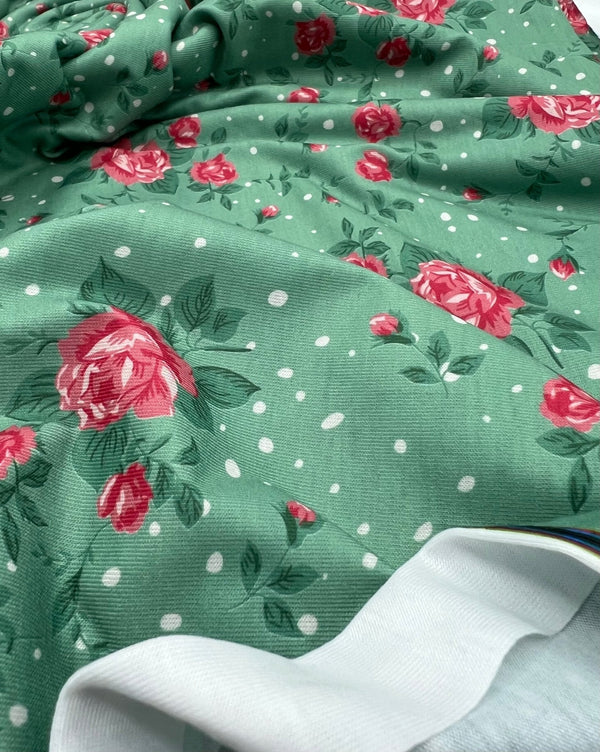 Sage Rose Print Spun Poly Stretch Fabric