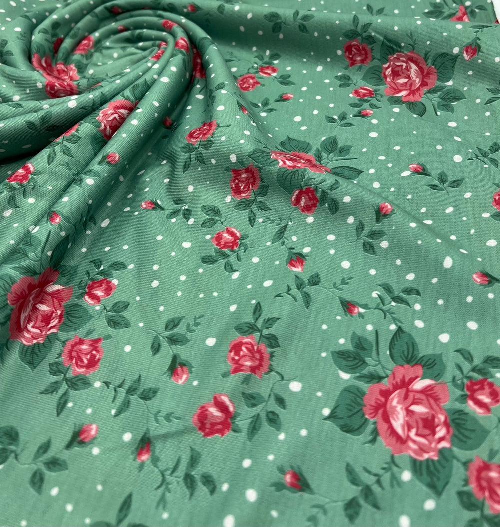 Sage Rose Print Spun Poly Stretch Fabric