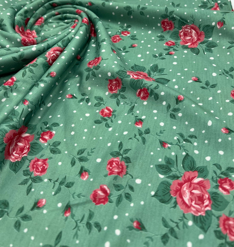 Sage Rose Print Spun Poly Stretch Fabric