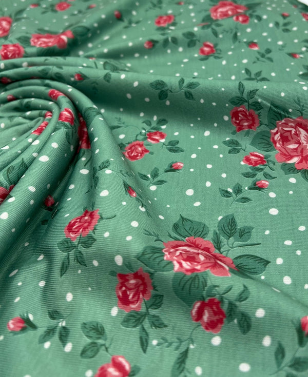 Sage Rose Print Spun Poly Stretch Fabric