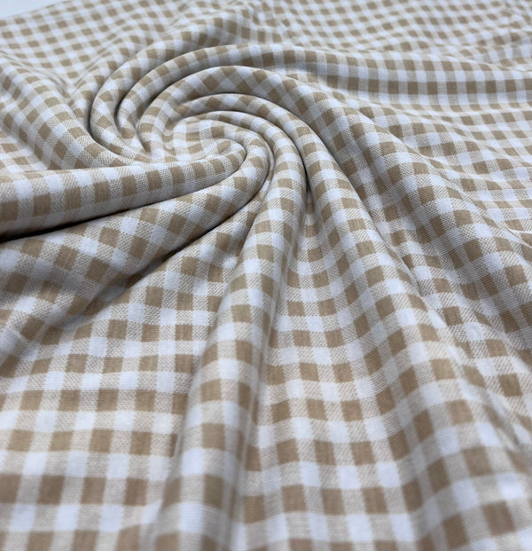 Sand & White Check Print Viscose Elastane Fabric