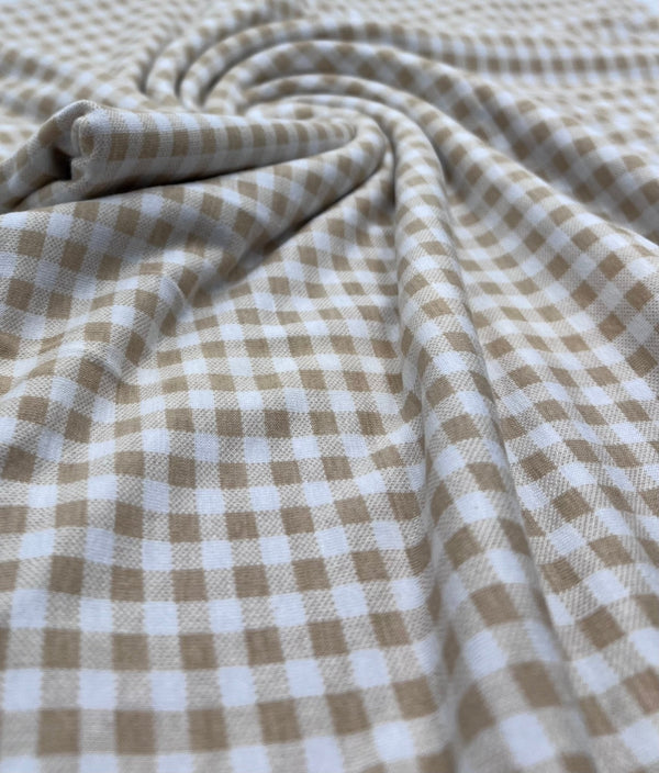 Sand & White Check Print Viscose Elastane Fabric