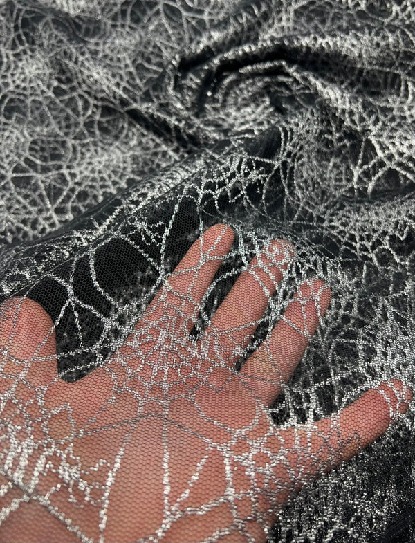 Silver Black Cobweb Halloween Print Mesh Fabric Stretch