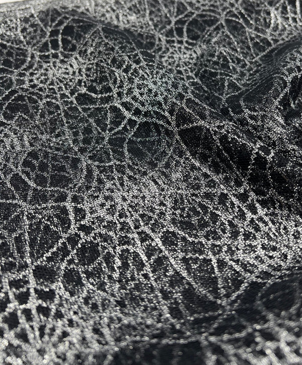 Silver Black Cobweb Halloween Print Mesh Fabric Stretch