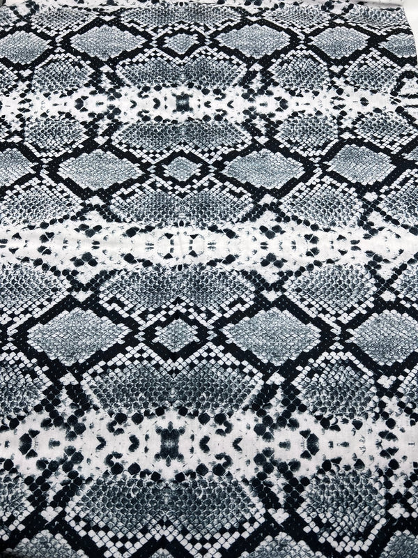 Silver Grey Snake Print Spun Poly Stretch Fabric