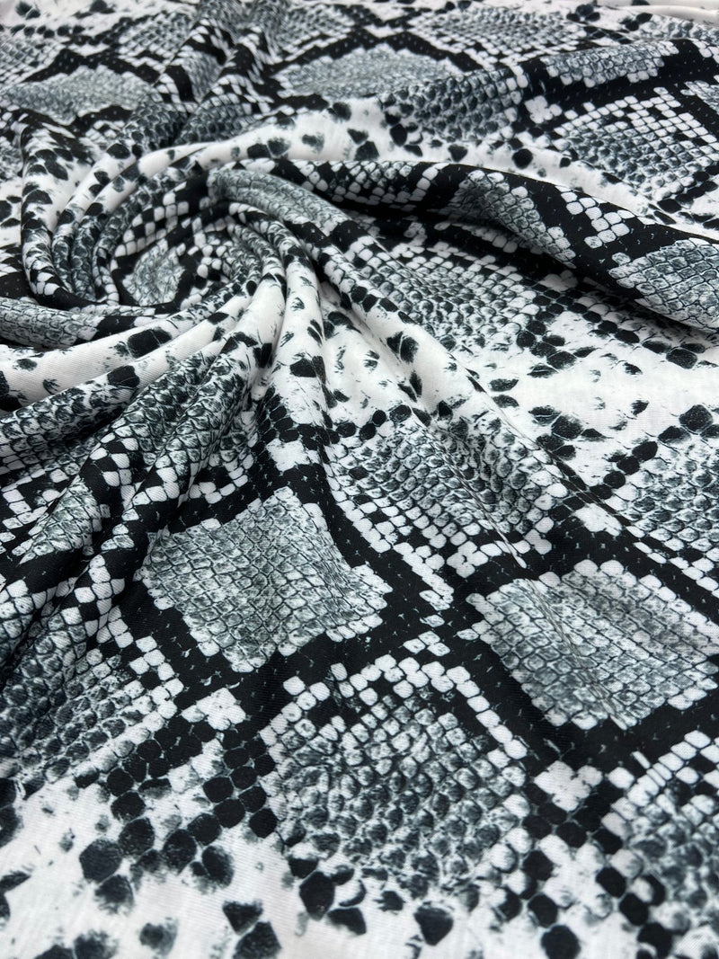 Silver Grey Snake Print Spun Poly Stretch Fabric