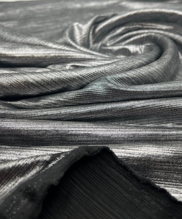 Silver On Black Metallic Foil Rib Fabric