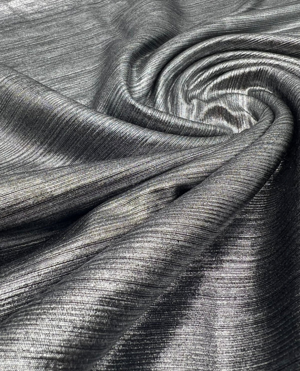 Silver On Black Metallic Foil Rib Fabric