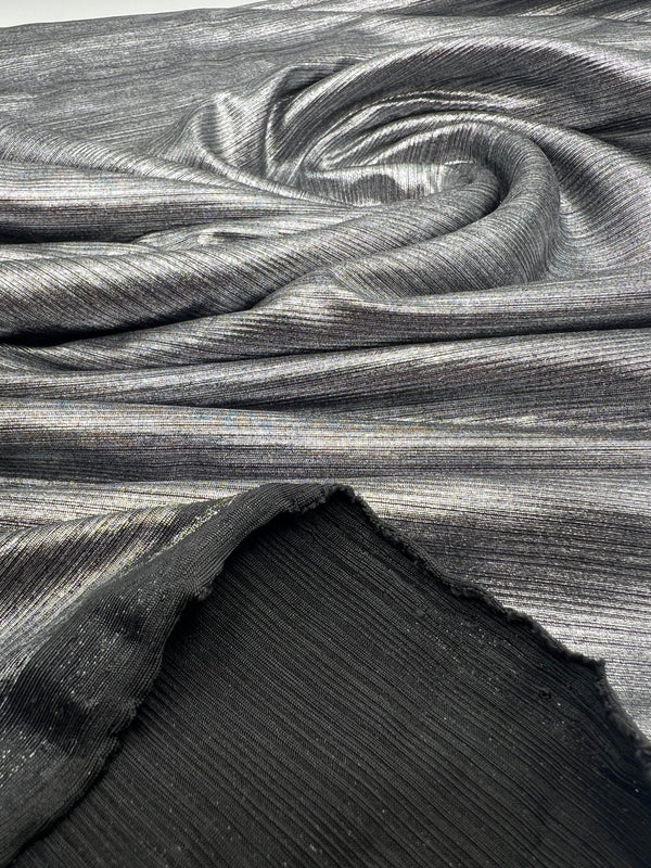 Silver On Black Metallic Foil Rib Fabric