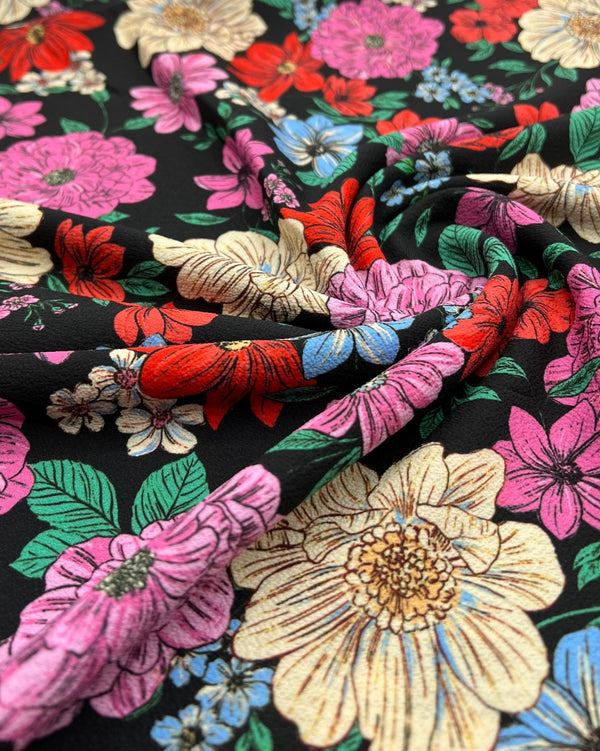 Sketch Floral Print Lightweight Bubble Crepe Fabric