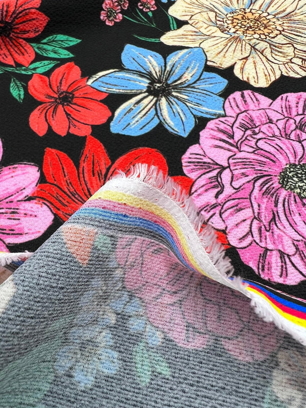 Sketch Floral Print Lightweight Bubble Crepe Fabric