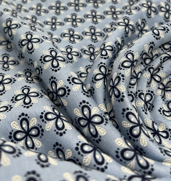 Sky Blue Floral Print Viscose Elastane Fabric