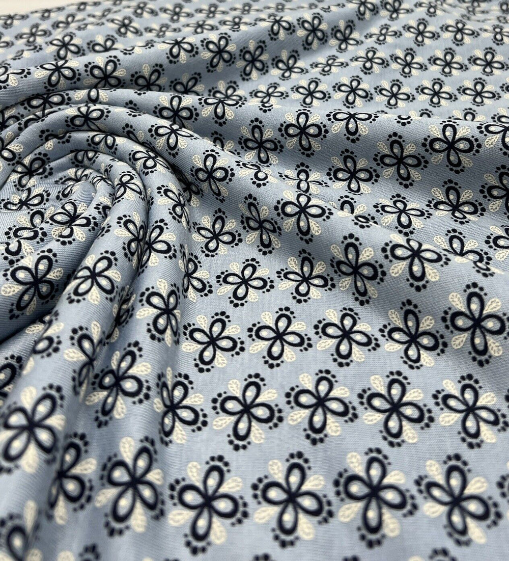 Sky Blue Floral Print Viscose Elastane Fabric