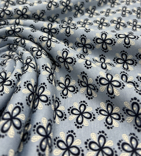 Sky Blue Floral Print Viscose Elastane Fabric
