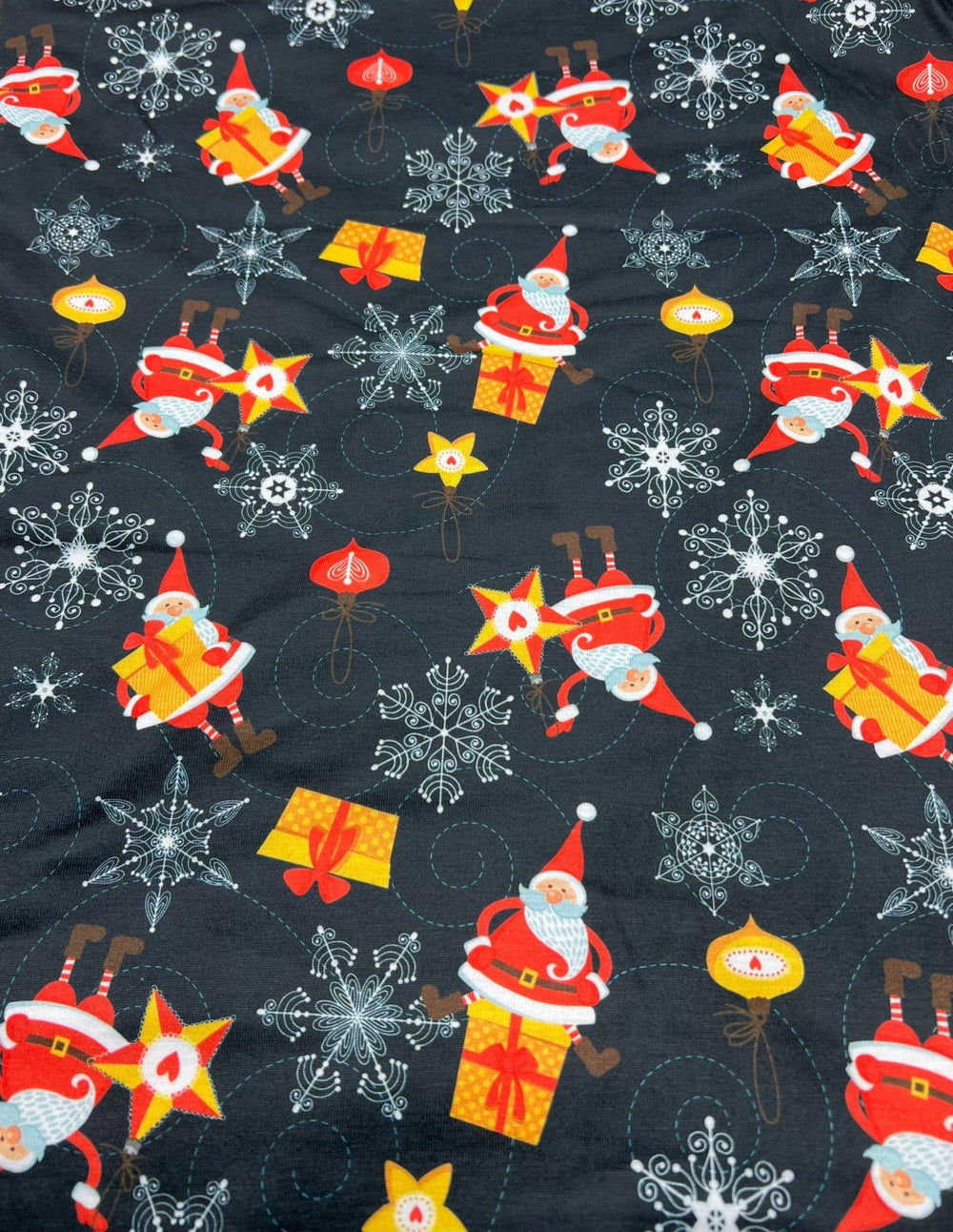 Snowflake Santa Print Soft Spun Poly Stretch Fabric