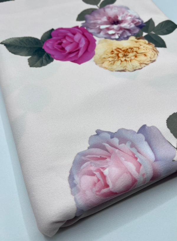 Soft Pink Floral Bunches Printed Scuba Crepe Jersey Fabric