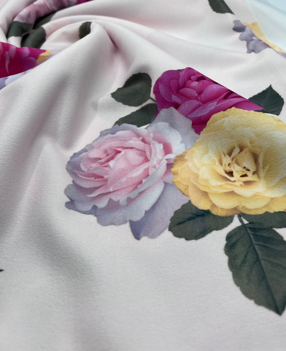Soft Pink Floral Bunches Printed Scuba Crepe Jersey Fabric