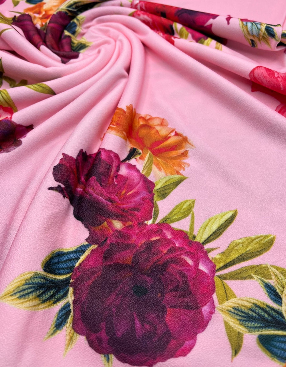 Soft Pink Floral Print Lightweight Jersey Crepe Fabric