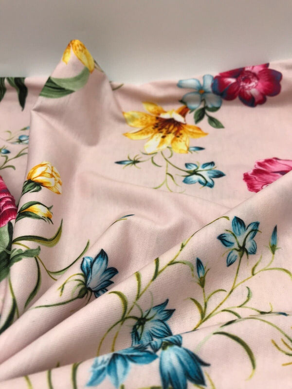 Soft Pink Floral Print Spun Poly Stretch Fabric