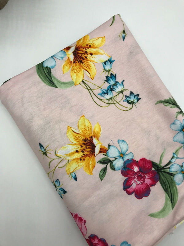 Soft Pink Floral Print Spun Poly Stretch Fabric