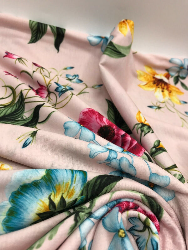 Soft Pink Floral Print Spun Poly Stretch Fabric