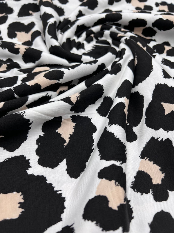 White Beige Animal Mix Print Viscose Elastane Fabric