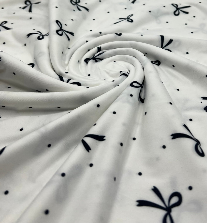 White Black Bow Spot Super Soft Print Spun Poly Stretch Fabric