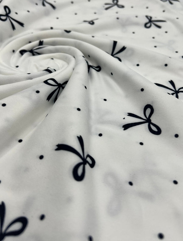 White Black Bow Spot Super Soft Print Spun Poly Stretch Fabric