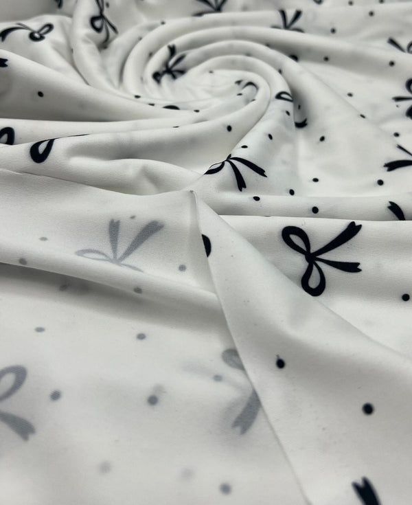 White Black Bow Spot Super Soft Print Spun Poly Stretch Fabric
