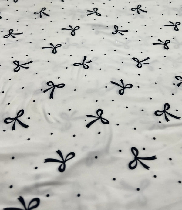 White Black Bow Spot Super Soft Print Spun Poly Stretch Fabric