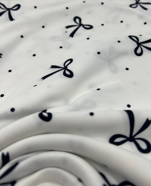 White Black Bow Spot Super Soft Print Spun Poly Stretch Fabric