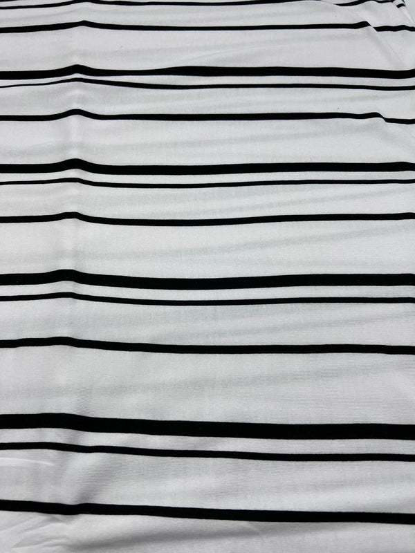 White Black Double Stripe Print Viscose Elastane Fabric