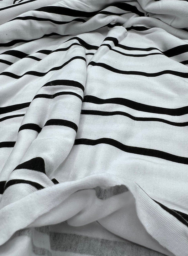 White Black Double Stripe Print Viscose Elastane Fabric