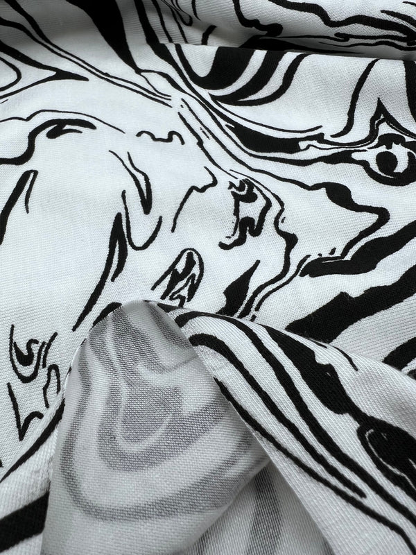 White Black Paint Print Viscose Elastane Fabric